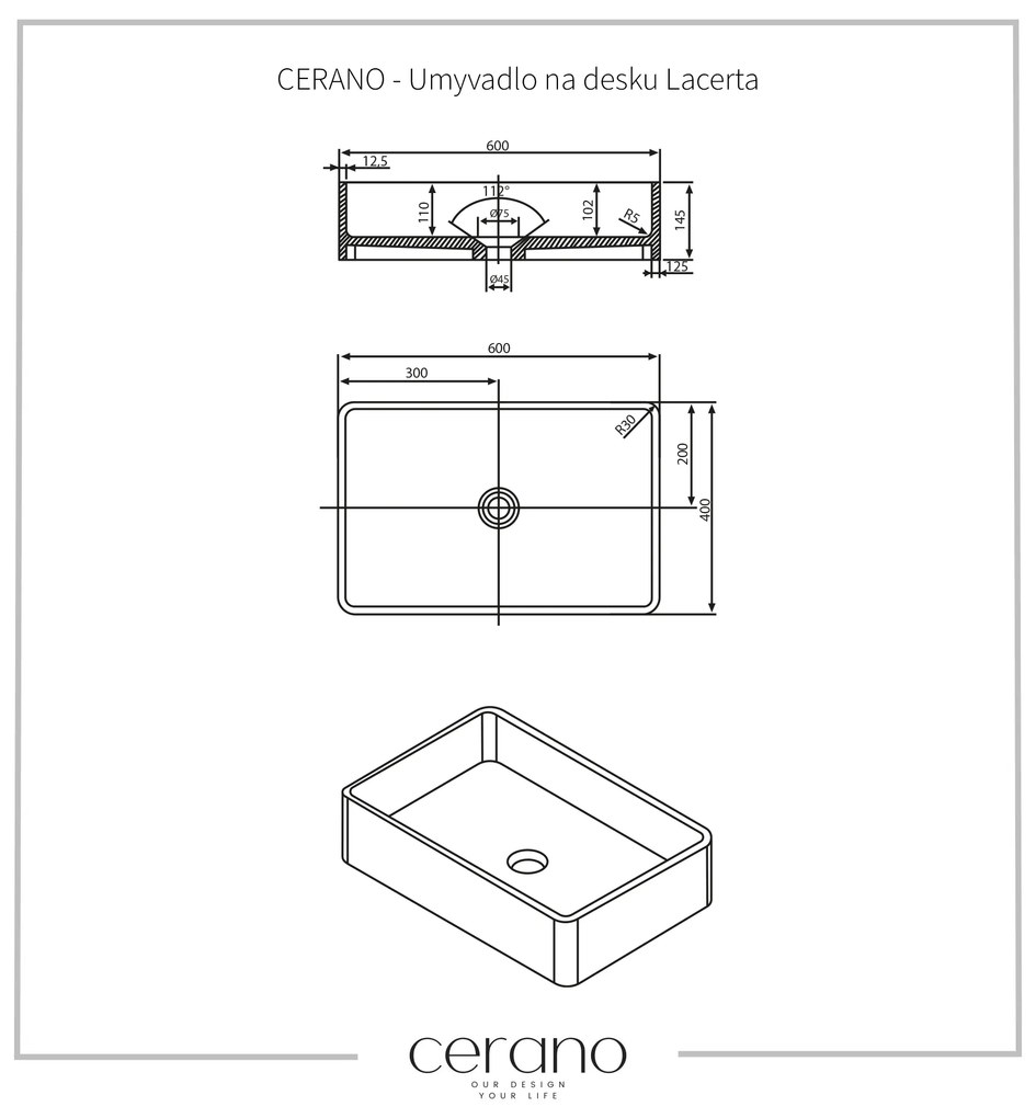 Cerano Lacerta, umývadlo na dosku z liateho mramoru 600x400x150 mm, biela matná, CER-CER-WB05