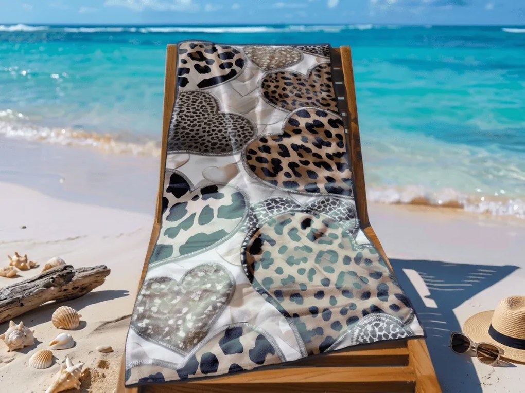 Rýchloschnúca plážová osuška LEOPARD HEARTS hnedo-biela 70 x 140 cm, 100% mikrovlákno