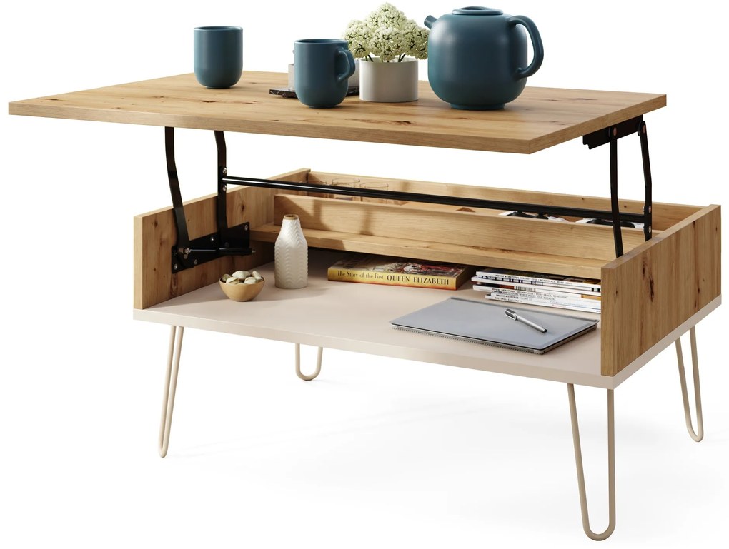 HAIRPIN S-90 Dub Artisan/Béžová (Šampanská) - MODERNÝ KONFERENČNÝ STOLÍK S VÝKLOPNOU DOSKOU + ÚLOŽNÝ PRIESTOR + POLICA