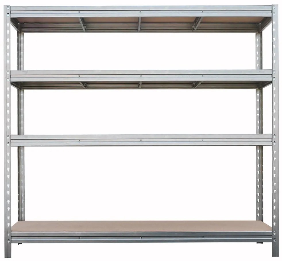 BULLRACK RIVET bezskrutkový kovový regál s drevenou DTD policou, 200x200x60 cm, 4 police, 600 kg na policu, zinok