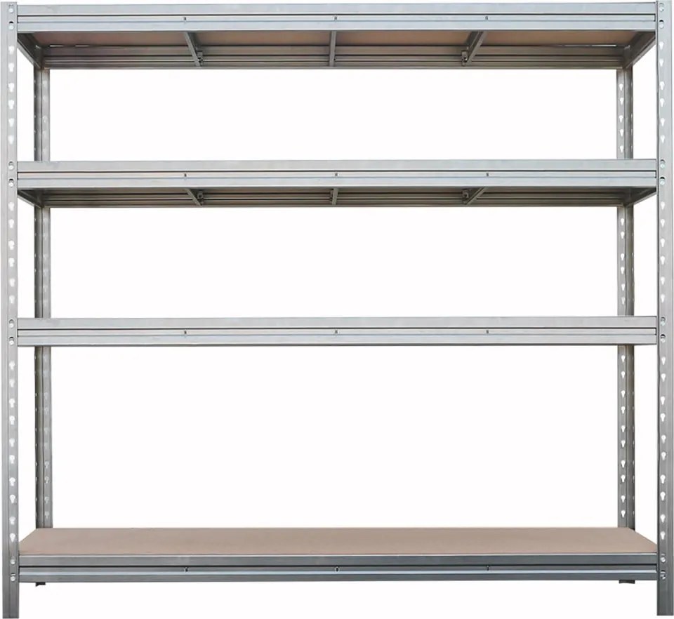 BULLRACK RIVET bezskrutkový kovový regál s drevenou DTD policou, 200x200x60 cm, 4 police, 600 kg na policu, zinok
