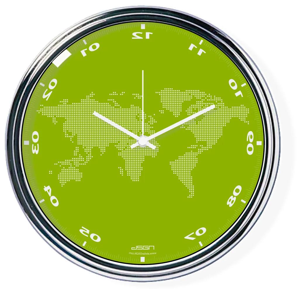 Zelené zvisle zrkadlené hodiny s mapou