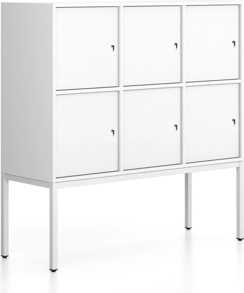 Kancelárska skriňa FRAME, nízka, biela podnož, 6x dvere, 1299 x 450 x 1331 mm, cylindrický zámok, biela