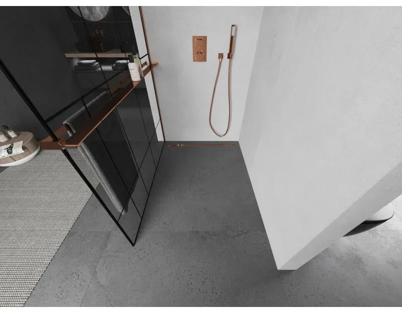 Mexen Kioto+ L, sprchová zástena Walk-In s poličkou a vešiakom 70 x 200 cm, 8mm číre sklo čierny vzor, ružové zlato profil, 800-070-123-60-78