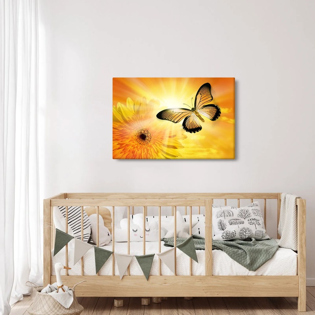Obraz - Žltý motýľ s kvetom (90x60 cm)