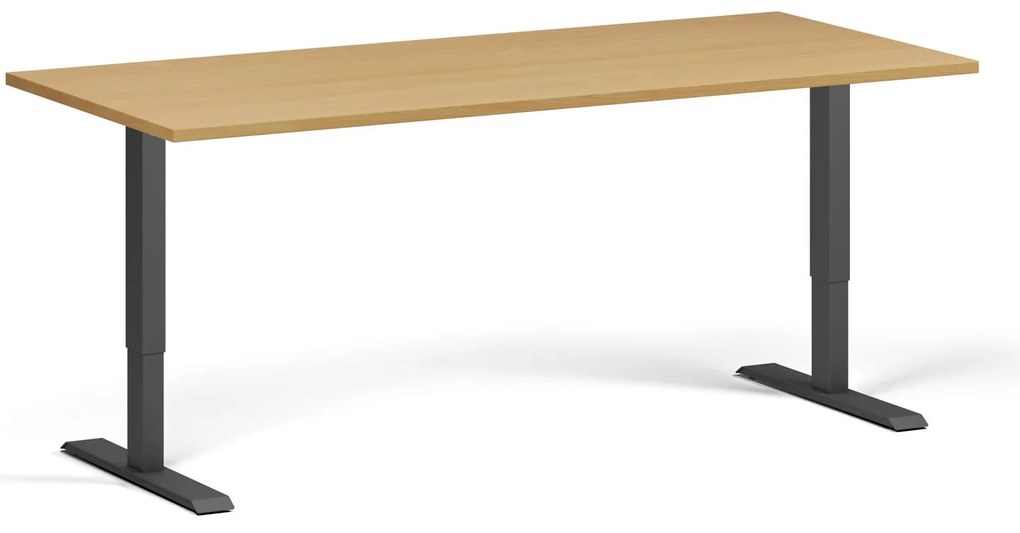 Výškovo nastaviteľný stôl, 180x80 cm, 2 motory, čierna podnož, buk