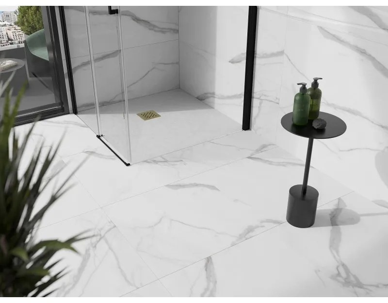 Mexen Stone+, štvorcová vanička z minerálneho kompozitu 100 x 100 cm, biela, zlatá lesklá krytka, 44101010-G