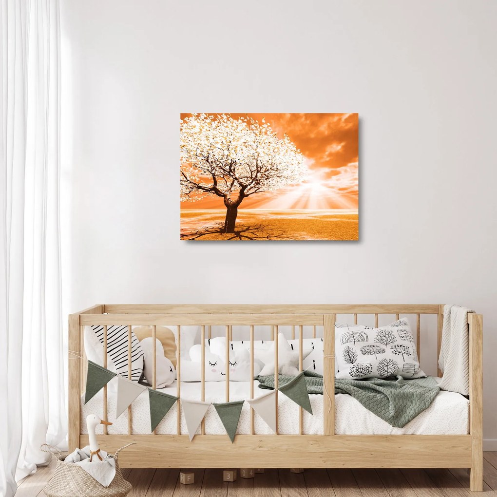 Oranžový sklenený obraz stromu (70x50 cm)