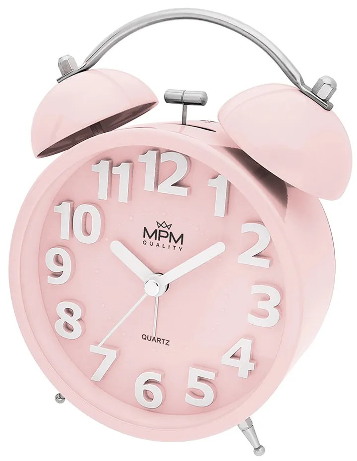 Kovový retro budík MPM Happy Morning C01.4056.21 – svetloružový, tichý chod, 15,5 cm