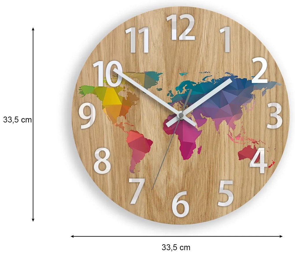 Drevené nástenné hodiny Mapa Drevo 33 cm hnedé/farebné