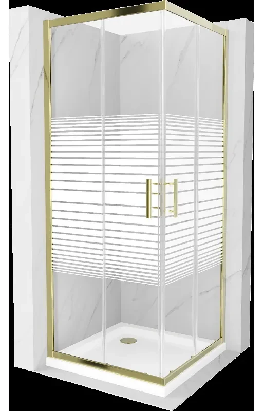 Mexen Rio štvorcová sprchová kabína 90 x 90 cm, pruhy, zlatá + závesný bidet Flat, biela- 860-090-090-50-20-4010G
