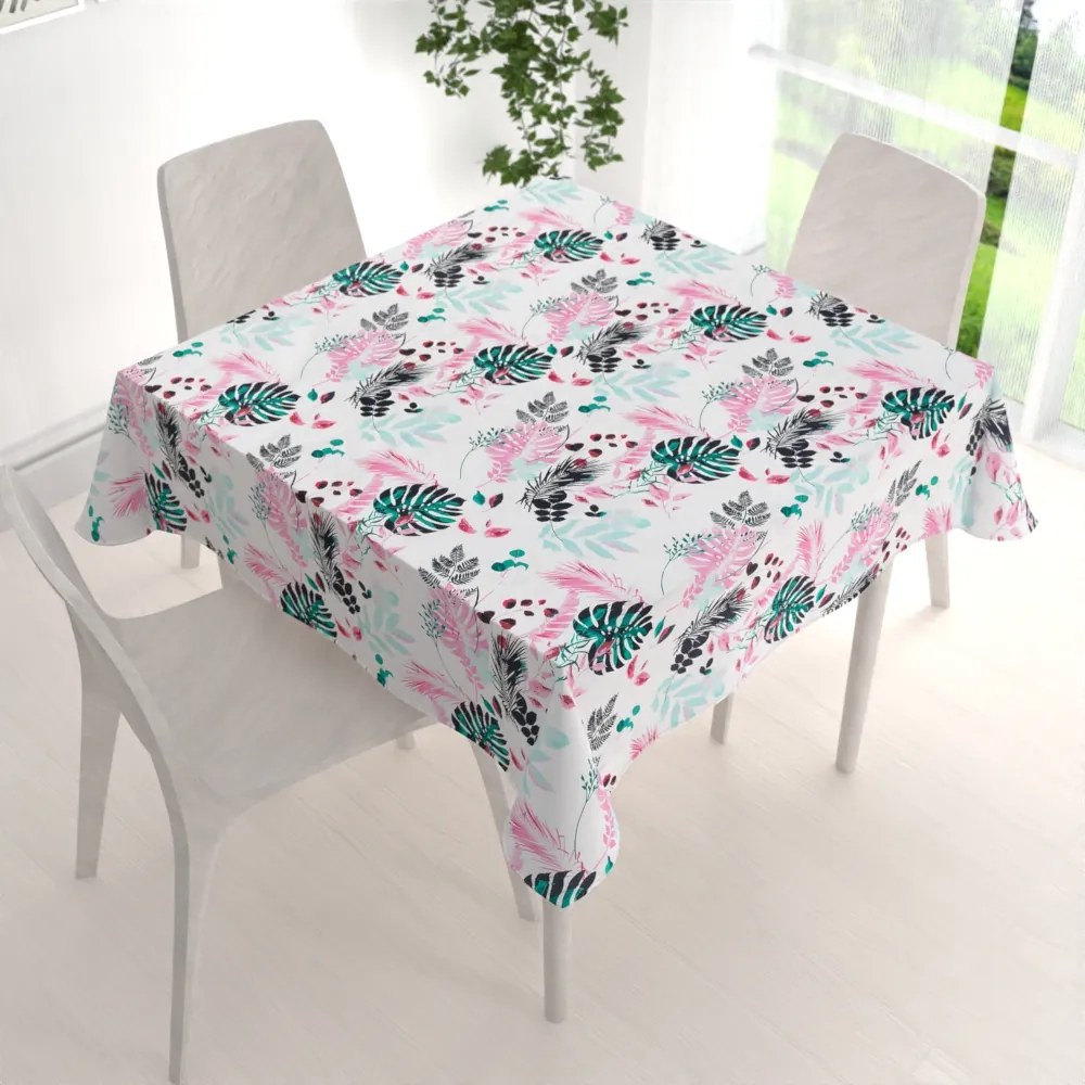 Biante Bavlnený štvorcový obrus Sandra SA-413 Ružové a zelené tropické listy na bielom 70x70 cm