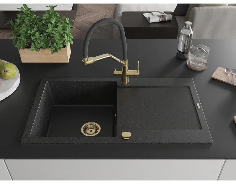 Mexen Leo, 1-komorový granitový drez 900x500x190 mm a drezová batéria Duo, čierna-strieborná metalíza, 6501-73-671701-57-G