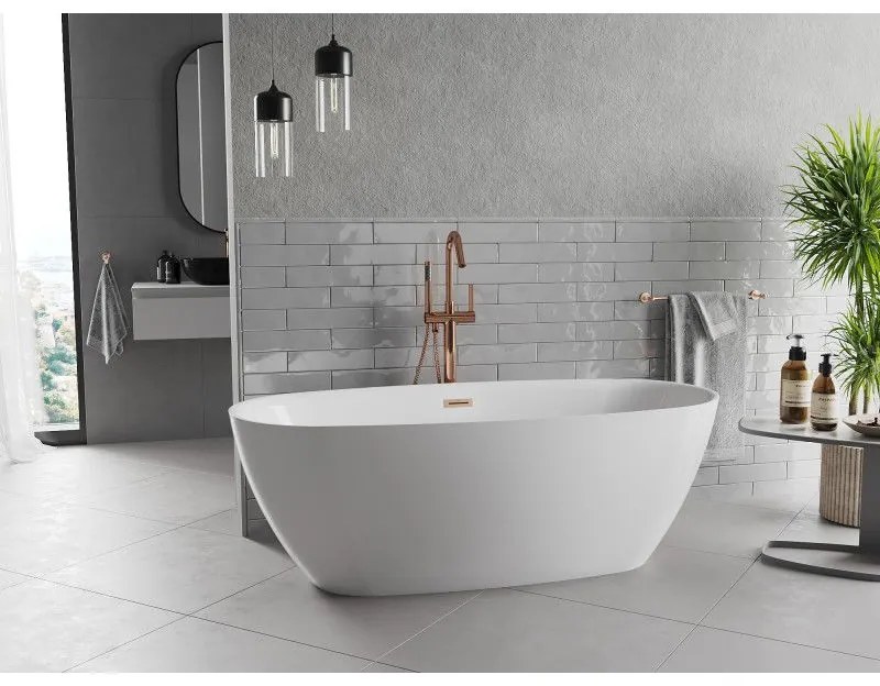Mexen Luvo Slim, voľne stojaca vaňa 170 × 75 cm, biela lesklá, medený prepad, 52801707500-65