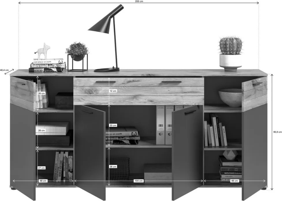 Široká komoda so zásuvkou Mason, dub/šedá