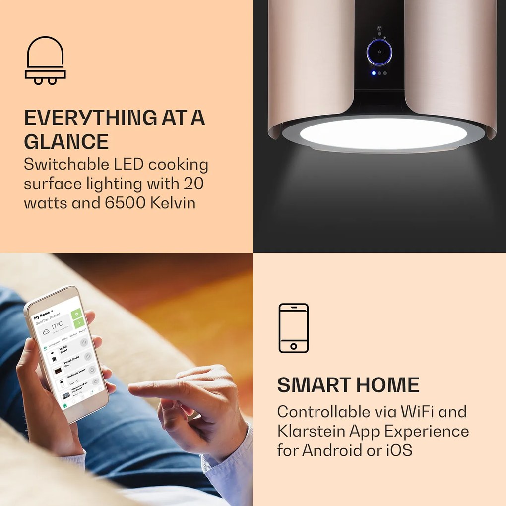 Skyfall Smart, digestor, 45 cm, ostrovčekový, 402 m³/h, LED, nehrdzavejúca oceľ, zlatý