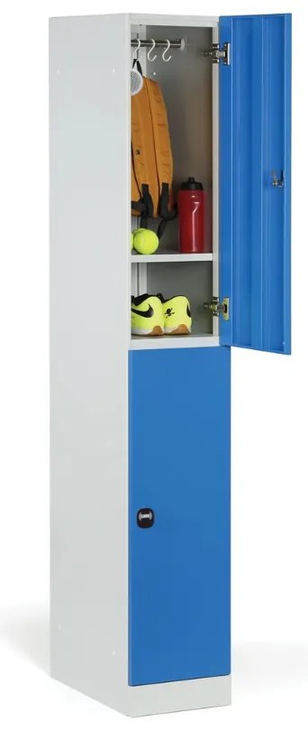 Šatníková skrinka S1 s úložnými boxmi, 2 boxy, 1850 x 300 x 500 mm, demont, zámok s čítačkou RFID kariet, modré dvere
