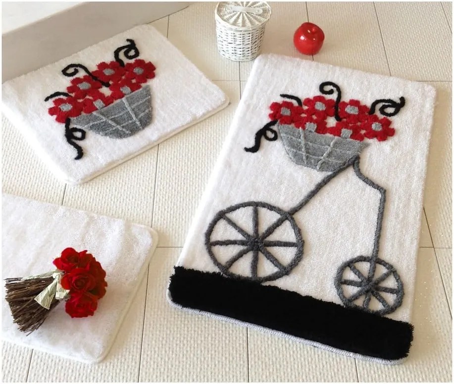 Sada troch kúpeľňových predložiek s motívom kvetinového vozíka v červenej, sivej a čiernej farbe Knit Knot