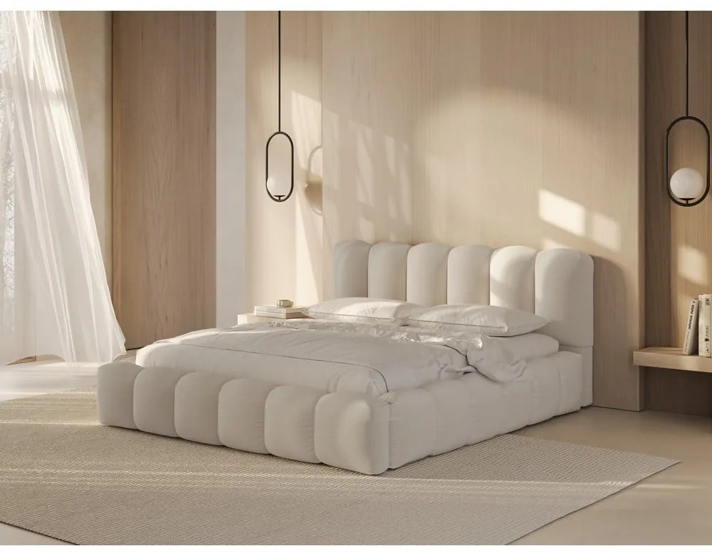 Krémová čalúnená dvojlôžková posteľ s úložným priestorom s roštom 200x200 cm Lupine – Micadoni