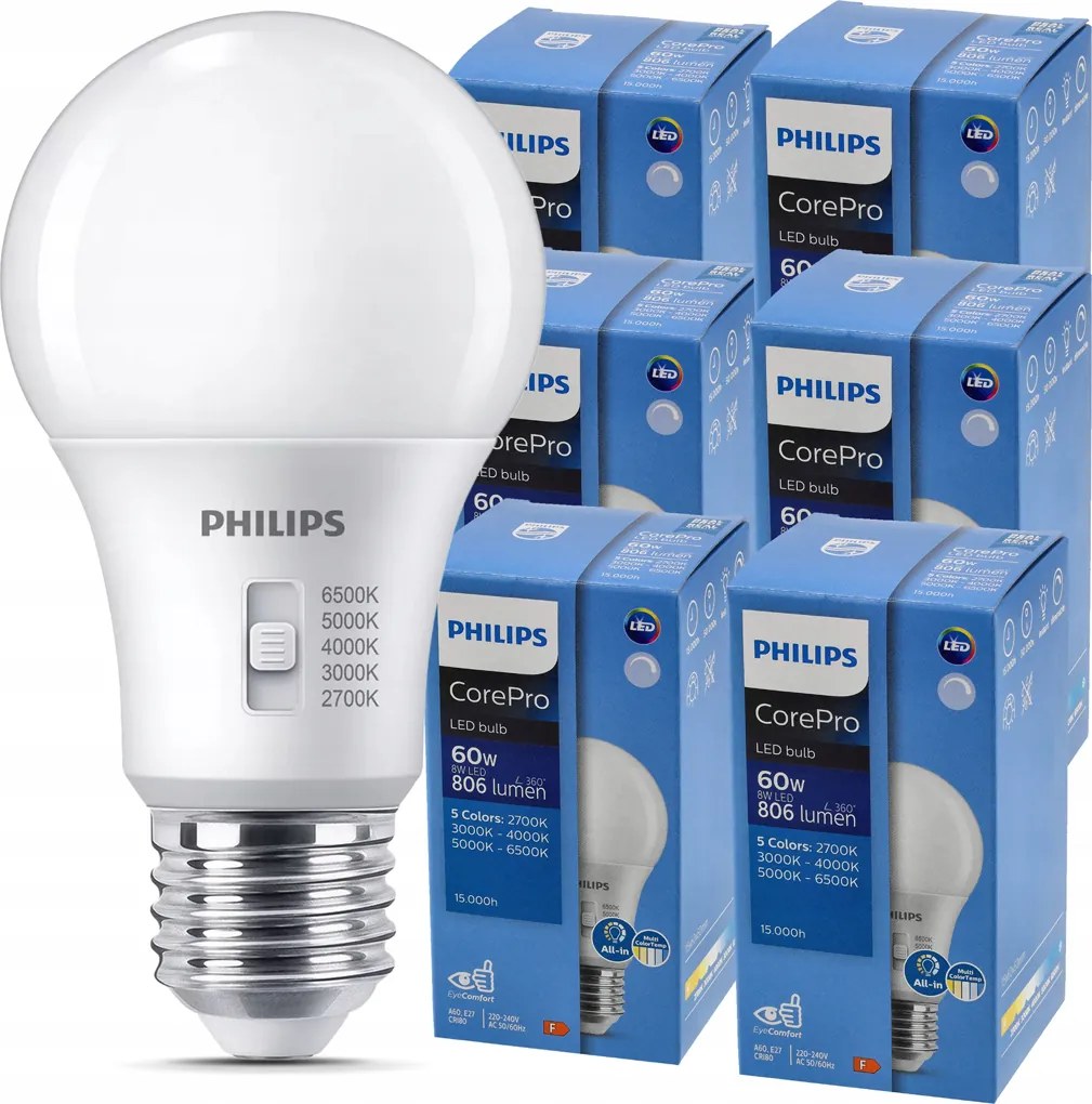 6x stmievateľná LED žiarovka E27 8W 806lm 5CCT CorePro 2700K - 6500K