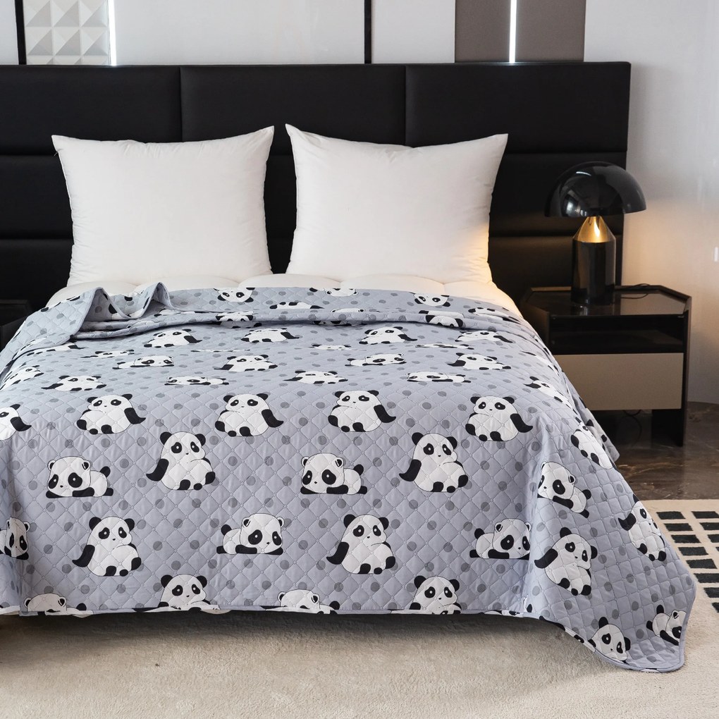 Prehoz na posteľ so vzorom PANDA sivý Rozmer: 170 x 210 cm