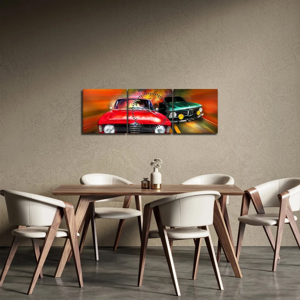 Obraz - Retro závodné autá (s hodinami) (90x30 cm)