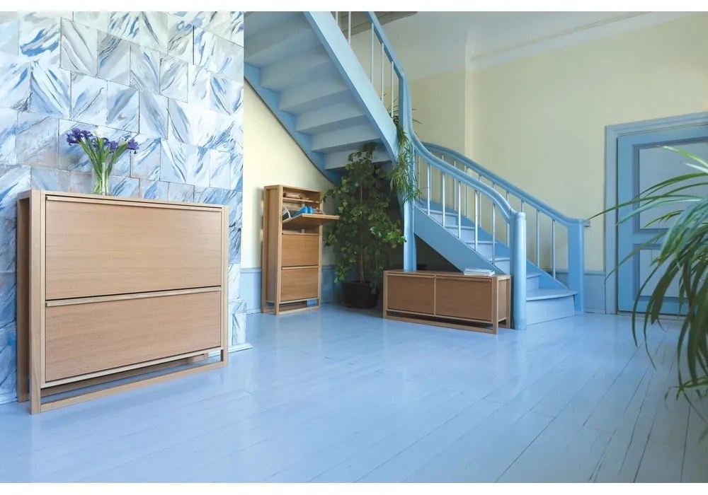 Výklopná skrinka na topánky v dekore duba s lavicou v prírodnej farbe NewEst – Woodman