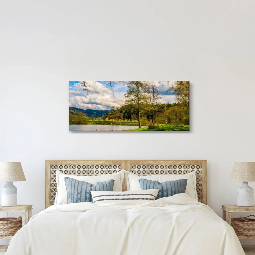 Obraz loďky pri jazere (120x50 cm)