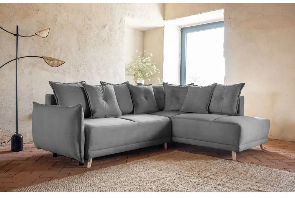 Sivá menčestrová rozkladacia rohová pohovka (pravý roh) Lazy Lukka – Miuform