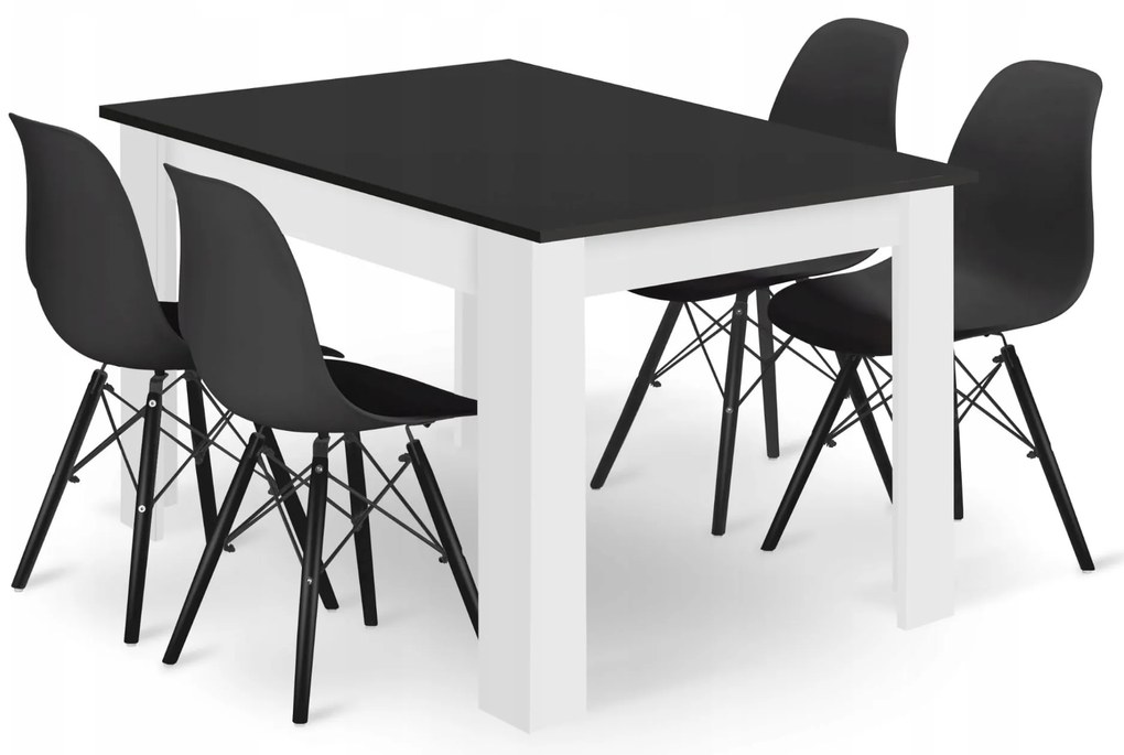 Jedálenská zostava stôl 120 x 80cm čierny s bielymi nohami + 4 stoličky OSAKA čierne/ prírodné nohy