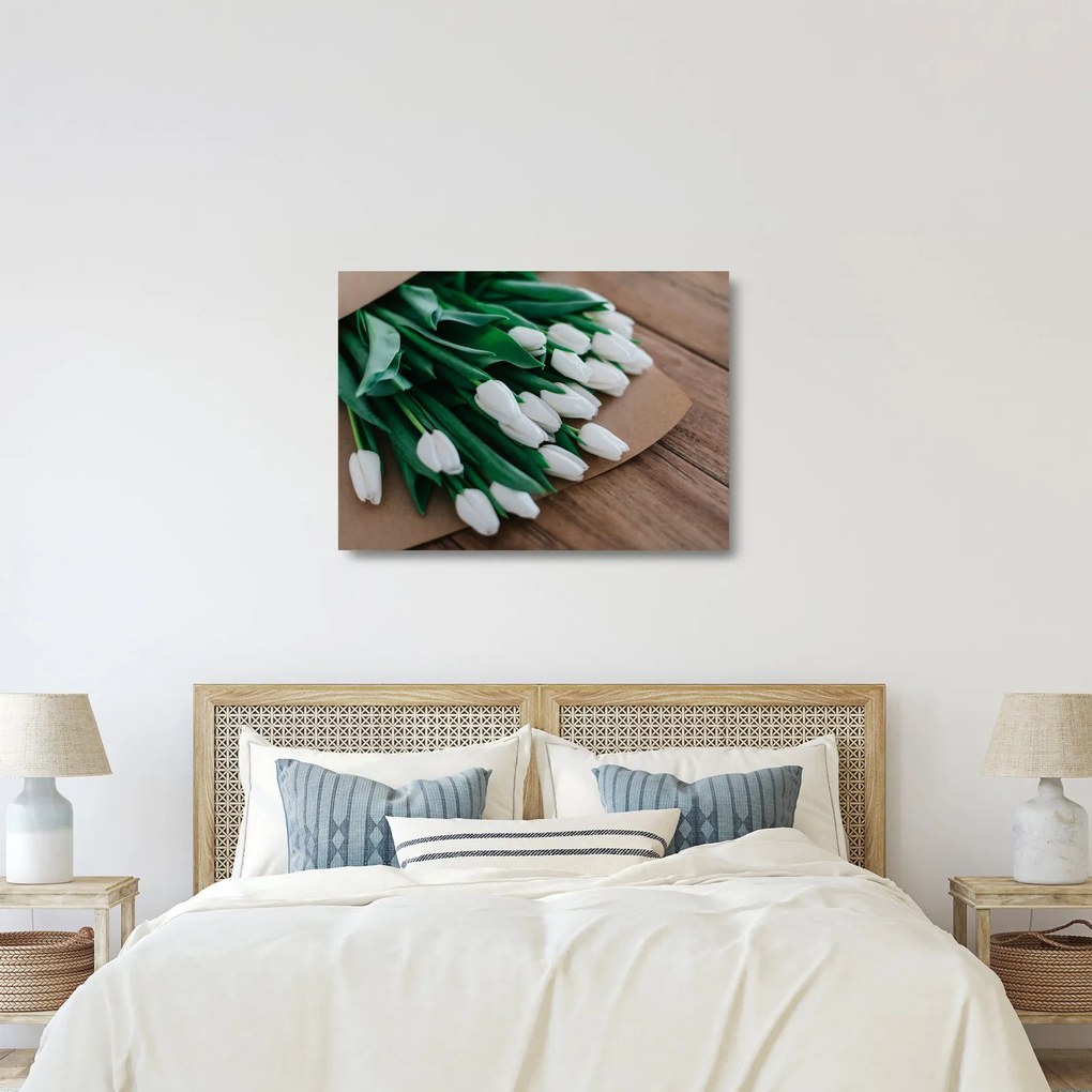 Sklenený obraz kytice bielych tulipánov (70x50 cm)