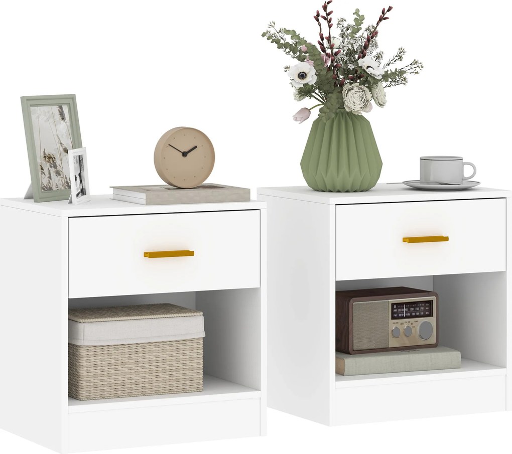 HOMCOM Set 2 Moderných Nočných Stolíkov s Šuplíkom a Otvorenou Poličkou, Drevotrieska, 39x28x41 cm, Biela | Aosom