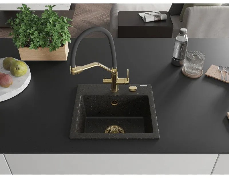 Mexen Milo, granitový drez 435x410x171 mm, 1-komorový a drezová batéria Duo, čierna-zlatá metalíza, 6505-75-671701-57-G