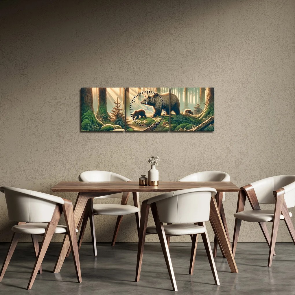 Obraz - Medvede v lese (s hodinami) (90x30 cm)
