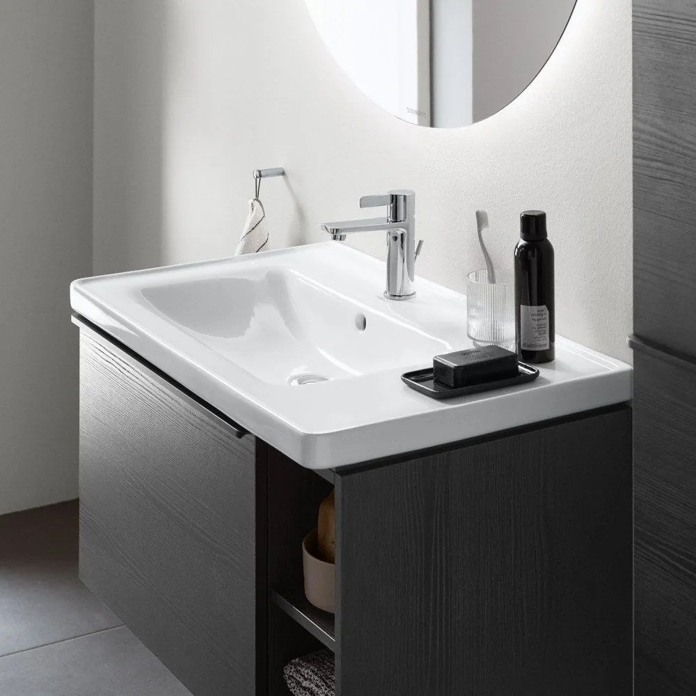 DURAVIT D-Neo asymetrické umývadlo na skrinku s odkladacou plochou vpravo, bez otvoru, s prepadom, 800 x 480 mm, biela, s povrchom WonderGliss, 23698000601