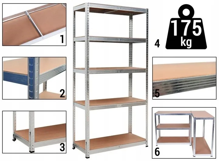 Stabilný kovový úložný regál s 5 policami 180x90x40