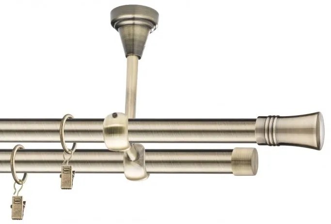 Dekorstudio Stropná mosadzná dvojradová garniža CAPRI 19mm Dĺžka: 360cm, Typ uchytenia: Držiak dvojitý modern, Typ príslušenstva: Krúžky tiché so štipcami