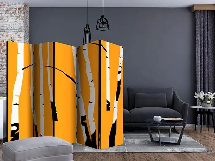 Paraván - Birches on the orange background II [Room Dividers] Veľkosť: 225x172, Verzia: Akustický