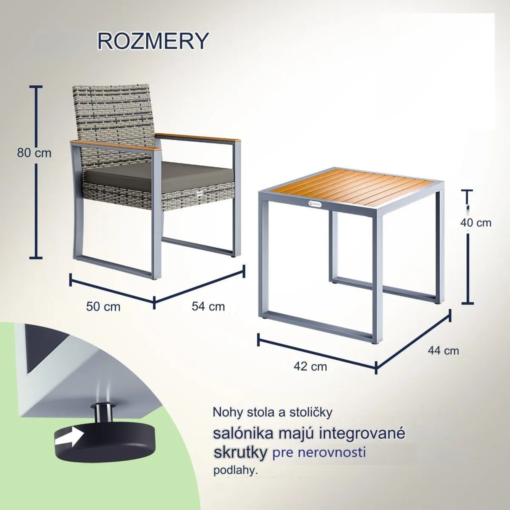 InternetovaZahrada Ratanový balkónový set 1+2 - šedá/drevo