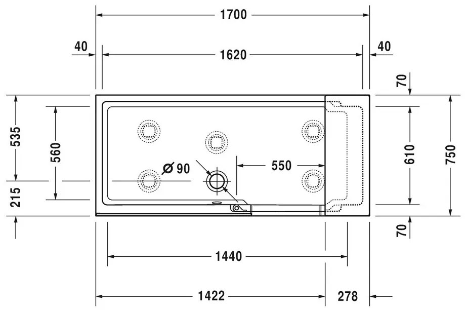 Duravit Shower + Bath - Vaňa so sprchovým kútom do pravého rohu rohu s panelom a nohami, 170x75 cm, zrkadlové sklo, D 700404000100000