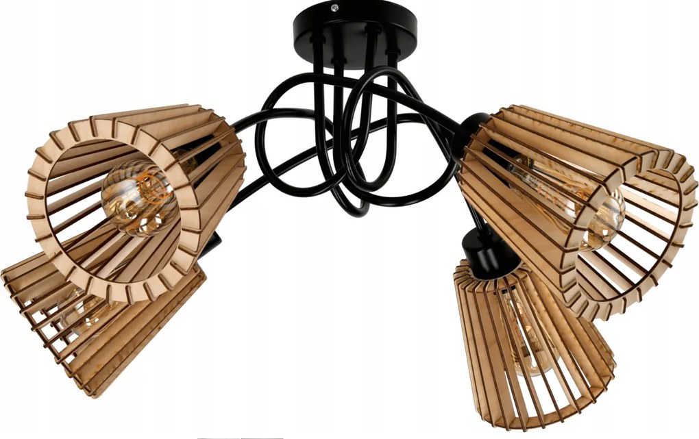 LED LOFT lampa kutčasta 4xe27 drevená kužeľ