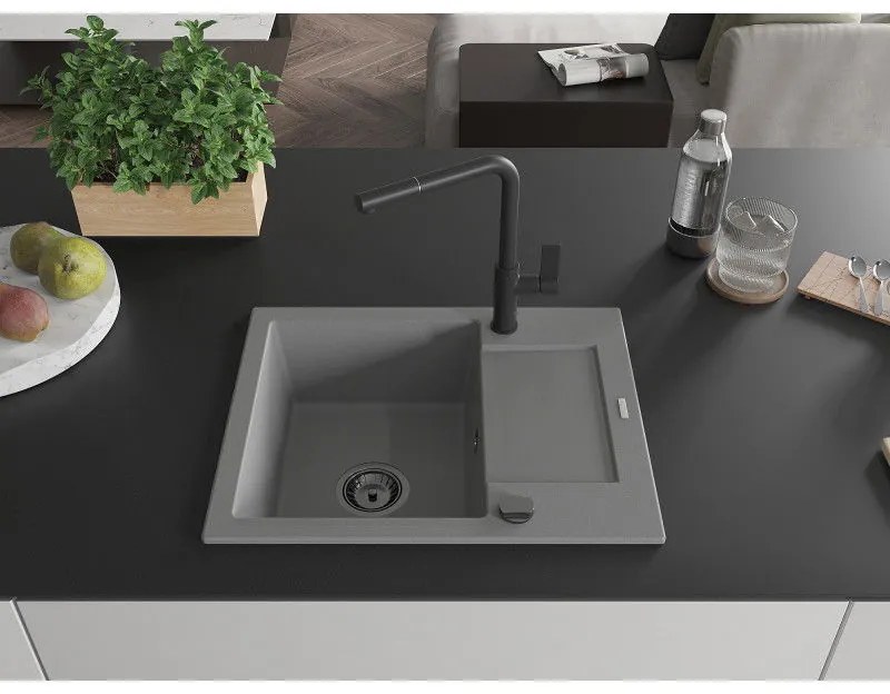 Mexen Enzo, 1-komorový granitový drez 576x465x174 mm a drezová batéria Flora, šedá, 6506-71-670401-70-B