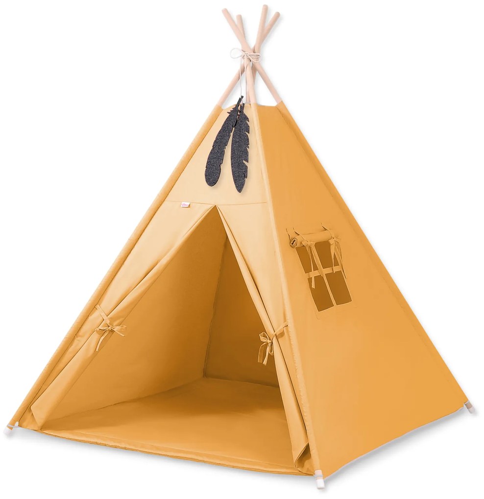 Teepee stan pre deti + hracia podložka + dekoratívne pierka - Yellow