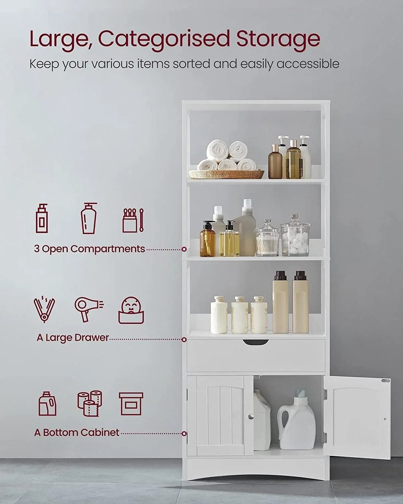 Kúpeľňová skrinka, vysoká skrinka s 3 otvorenými policami, biela farba