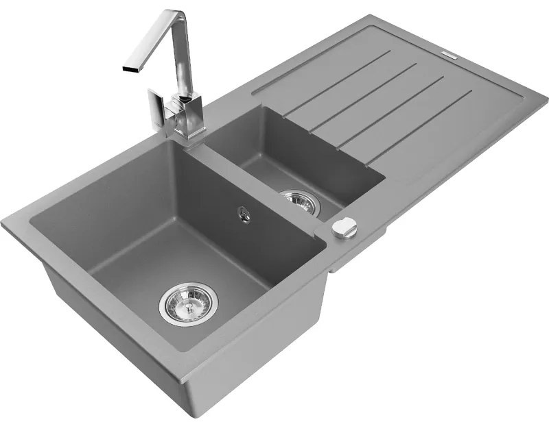 Mexen Andres, granitový drez 1000x500x200 mm, 1,5-komorový, šedá s chrómovým sifónom a chrómová drezová batéria Rita, 6515-71-670300-00