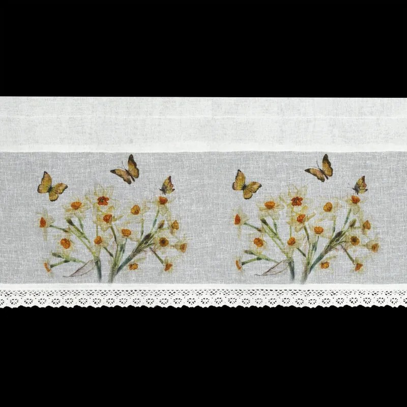Dekorstudio Kuchynská záclonka FLORA zdobená kvetinovou potlačou a čipkou 150 x 30 cm