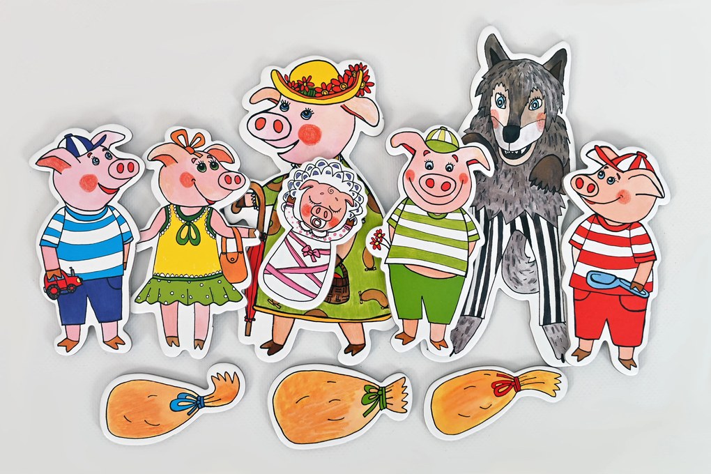 MARIONETINO Bábkové divadlo so zvieratkami – prasiatka a kozliatka (kompletný set, 15 bábok)