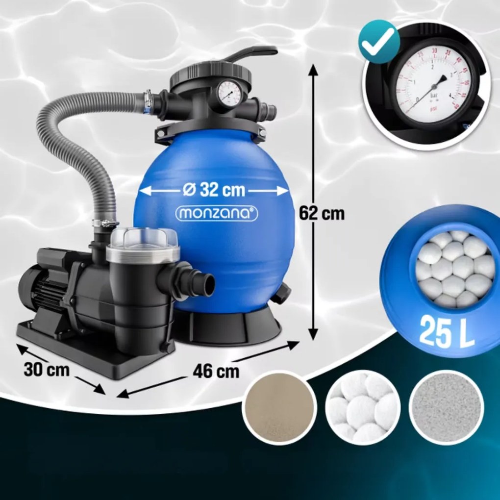 Piesková filtrácia k bazénu AQUA 9 600 l/h, modrá Monzana
