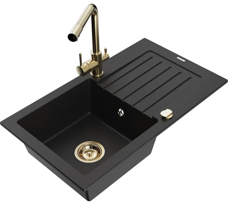 Mexen Pablo, granitový drez 752x436x161 mm, 1-komorový a zlatá batéria Duero, čierna, 6510-77-671600-50