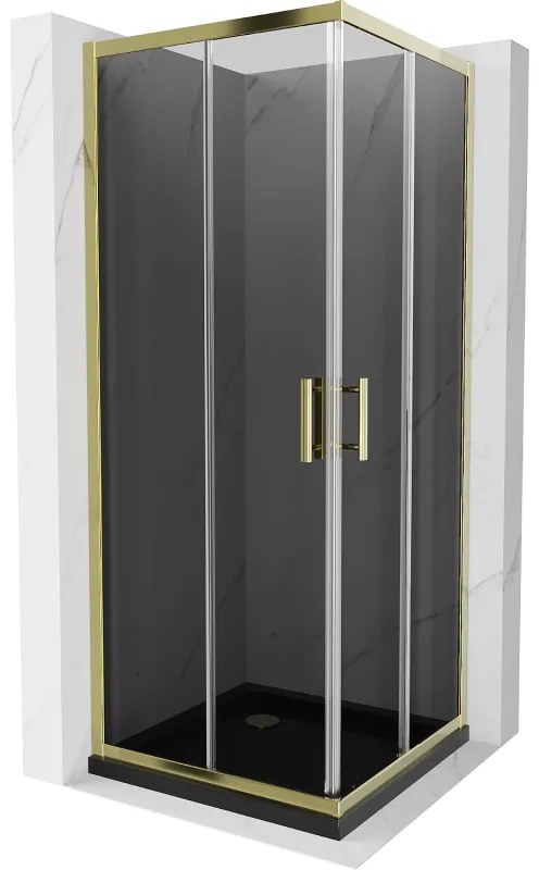 Mexen Rio, štvorcový sprchovací kút s posuvnými dverami 90(dvere) x 90(dvere) x 190 cm, 6mm šedé sklo, zlatý profil + čierna sprchová vanička SLIM, 860-090-090-50-40-4070G